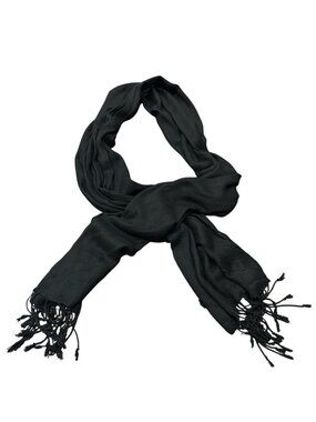 Black Rayon Scarf Tassel Fringe 64.5"x17" Lightweight Witchcore Dark Romantic